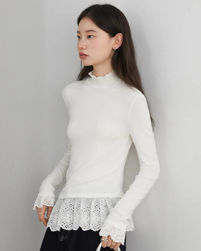 High-Neck Slim-Fit T-Shirt With Spliced Hem