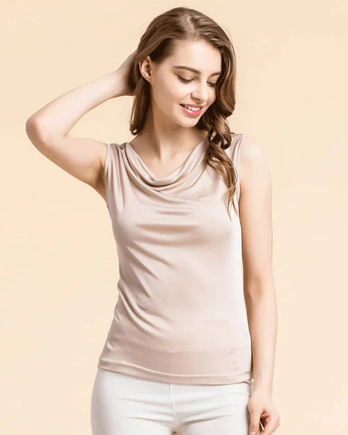 Silk-Viscose Draped Collar Sleeveless Tank Top