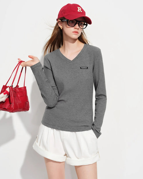 Straight-Shoulder V-Neck Knit T-Shirt