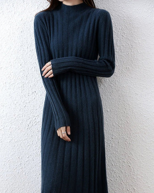 Ribbed Knitted 100% Wool Sweater Dress