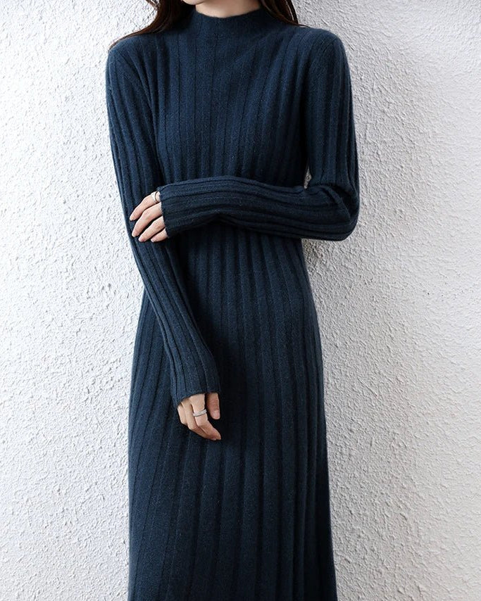 Ribbed Knitted 100% Wool Sweater Dress