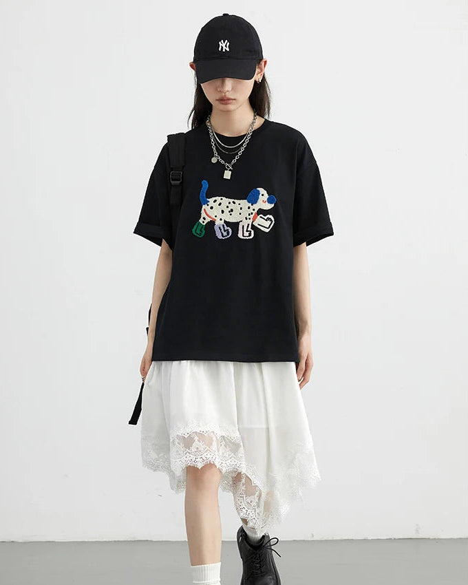 Puppy Embroidery Loose Cotton T-Shirt