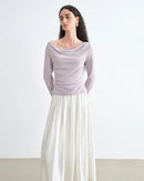 Lace-Trimmed Asymmetrical Neckline Knit T-Shirt