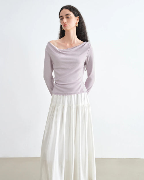 Lace-Trimmed Asymmetrical Neckline Knit T-Shirt