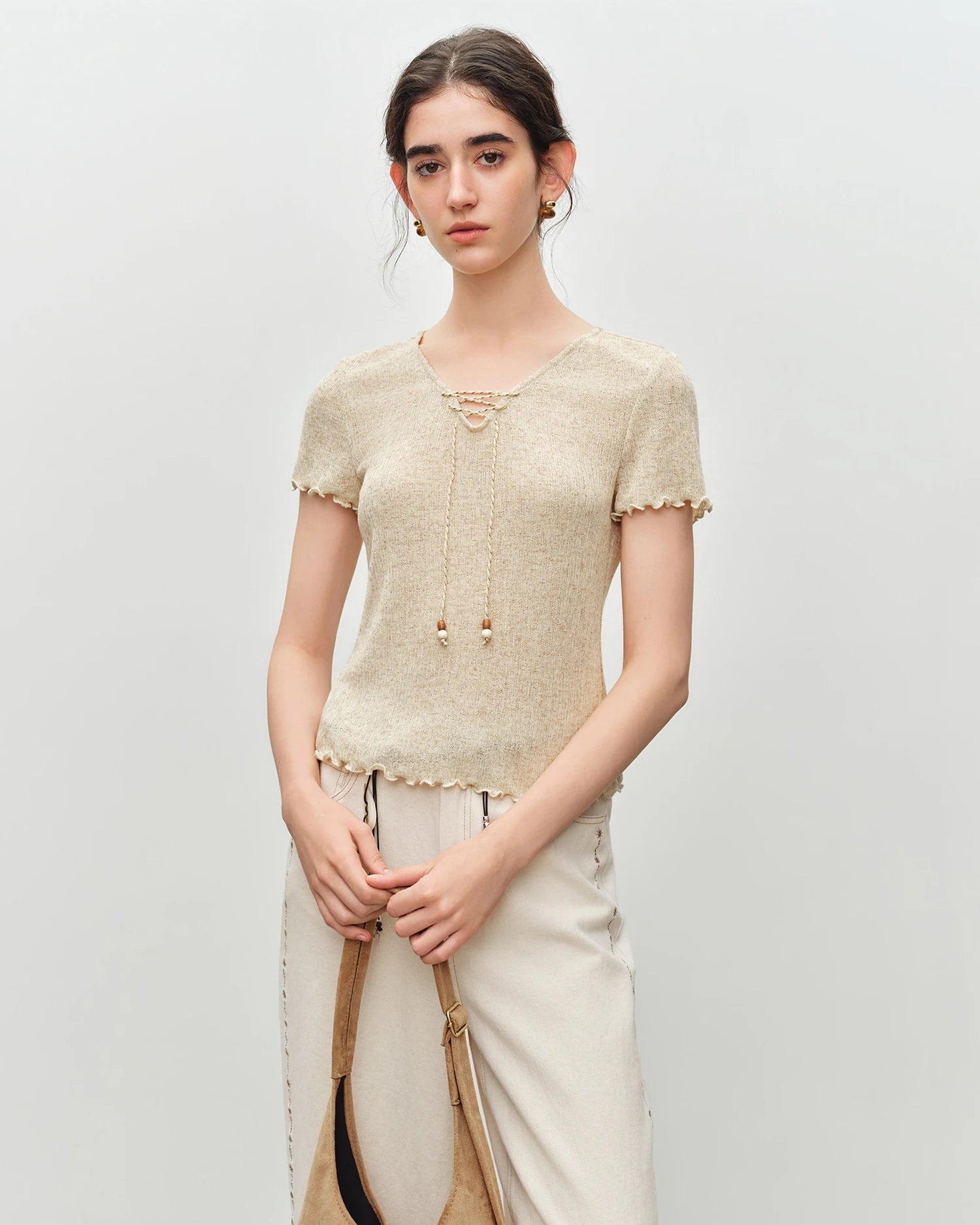 Beaded V-Neck Tie-Front Knit T-Shirt