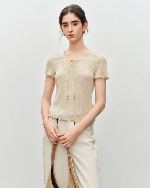 Beaded V-Neck Tie-Front Knit T-Shirt