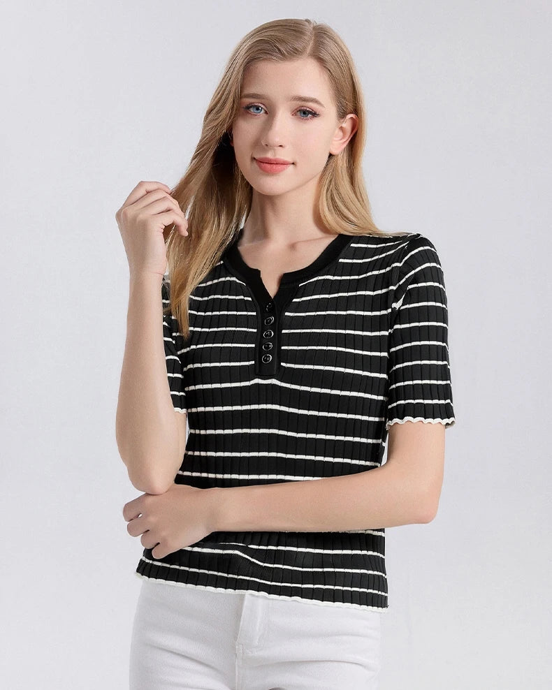 Silk-Cotton Striped Short-Sleeve Round-Neck Tee