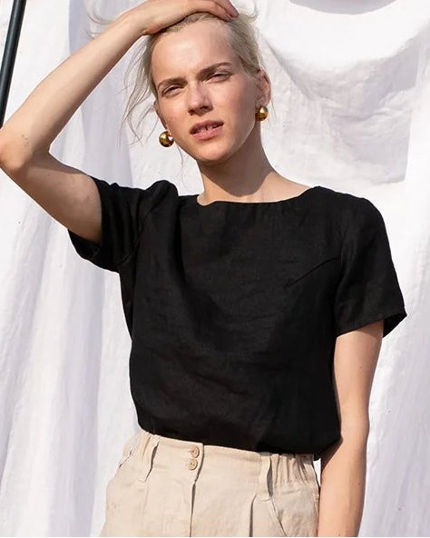 Loose-Fit Round-Neck Cotton-Linen T-Shirt