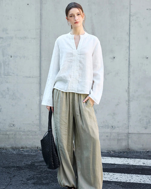 Loose-Fit Linen V-Neck Long-Sleeve Shirt
