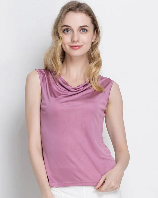 Silk-Viscose Draped Collar Sleeveless Tank Top