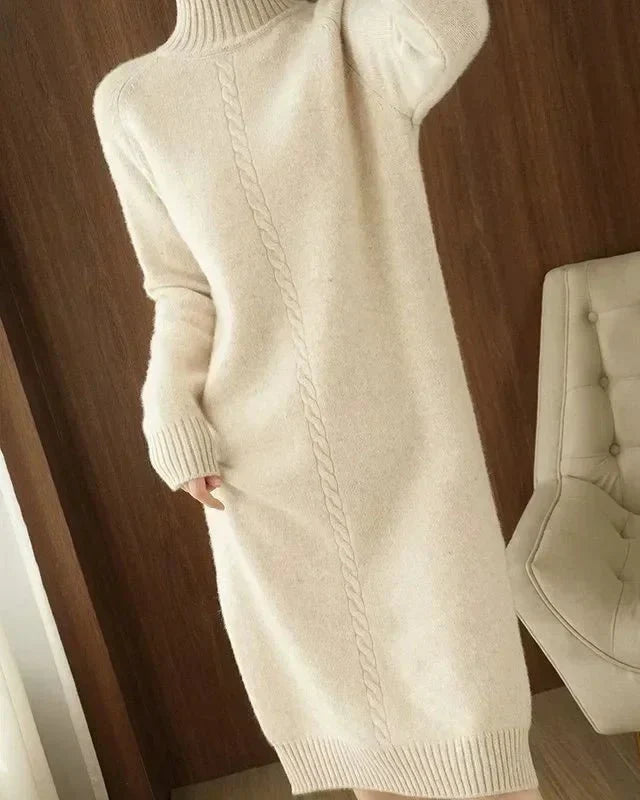 High-Neck Over-The-Knee Wool Dress