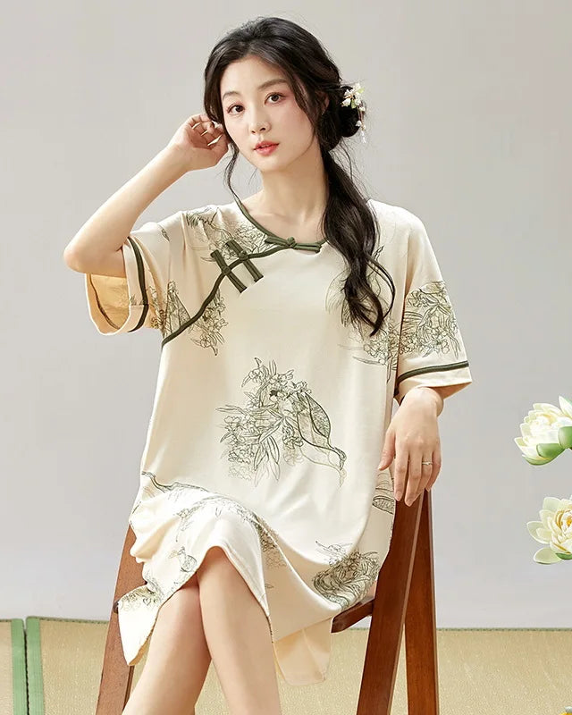 Vintage Print Short Sleeve Cotton Sleep Dress