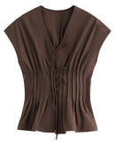 Women's V-Neck Short Sleeve Cotton Casual Blouse