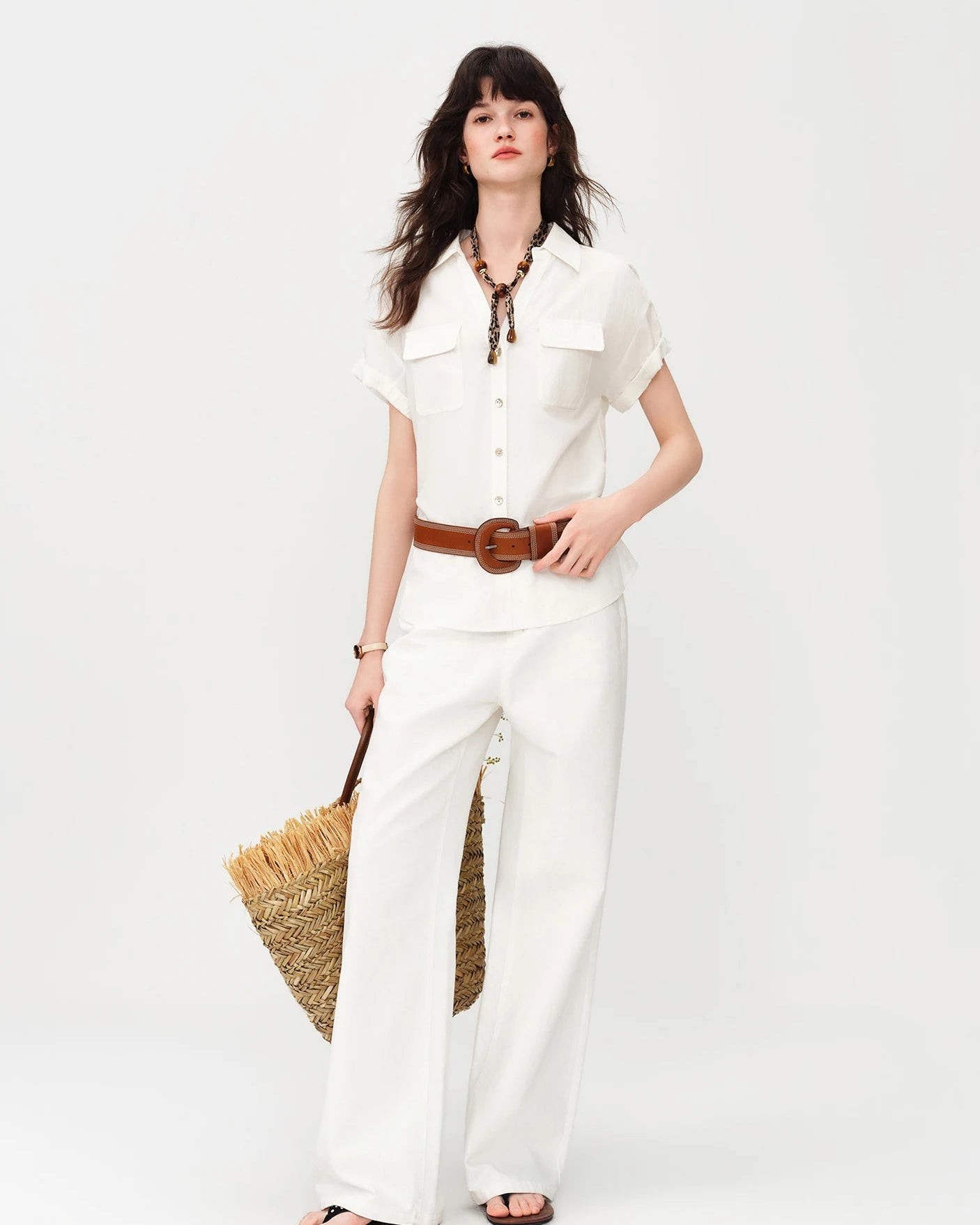 Loose V-Neck Rolled-Up Sleeve Shirt