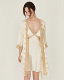 100% mulberry silk V-neck lace spaghetti strap sleep dress set in champagne. Available as a dress or dress-and-robe set, sizes M–XL.