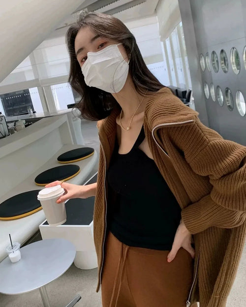 Stand Collar Zipper Cashmere Knit Cardigan
