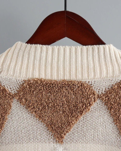 Fleece Patchwork Vintage V-Neck Short Cardigan