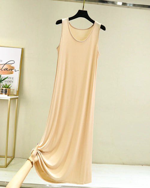 Women's Silky modal sleeveless sleep dress featuring a relaxed round neck, mid-calf length, and soft knit fabric, perfect for breathable summer loungewear comfort.