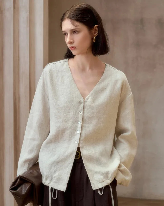 Linen V-Neck Button-Up Longline Shirt