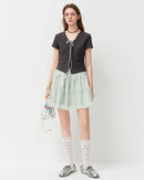Cotton Bow-Tie Lace Mock Two-Piece Knit Top