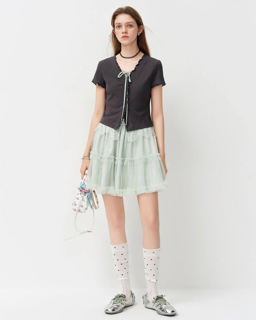 Cotton Bow-Tie Lace Mock Two-Piece Knit Top