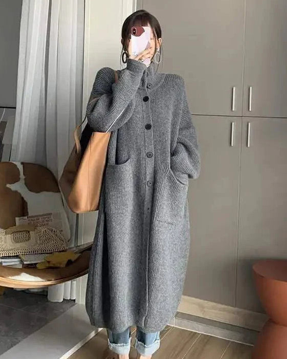 Oversized High-Neck Long Cardigan With Pocket