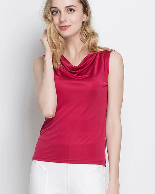 Silk-viscose jersey tank with a draped ruched collar. Soft, stretchy & elegant in 10 solid colours, sizes M–XXXL. Perfect for summer.