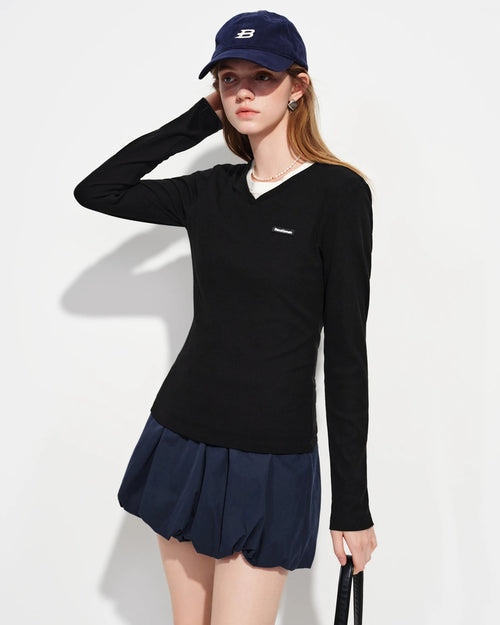 Straight-Shoulder V-Neck Knit T-Shirt