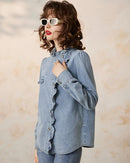 Ruffled Stand-Up Collar Denim Shirt