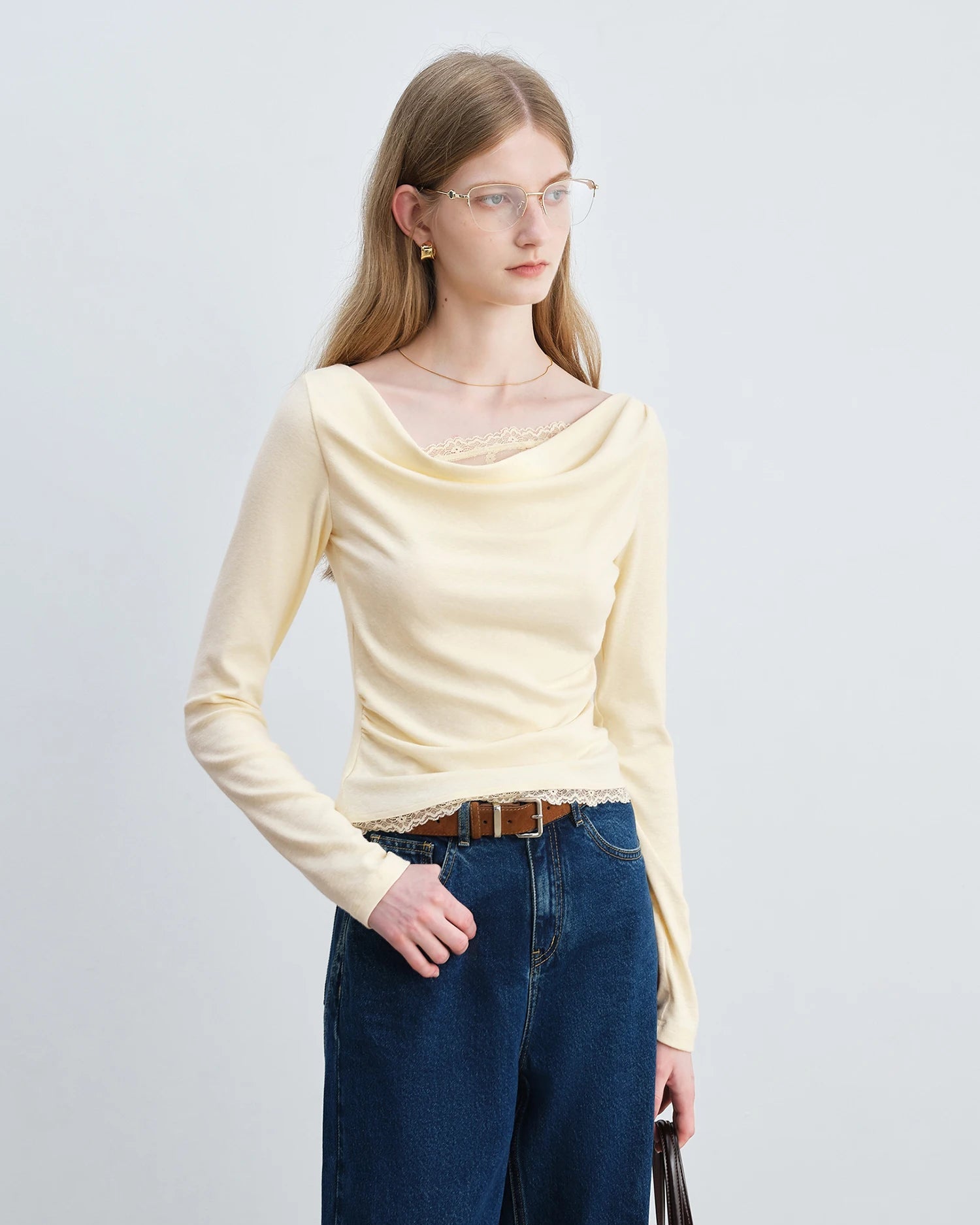 Lace-Trimmed Asymmetrical Neckline Knit T-Shirt