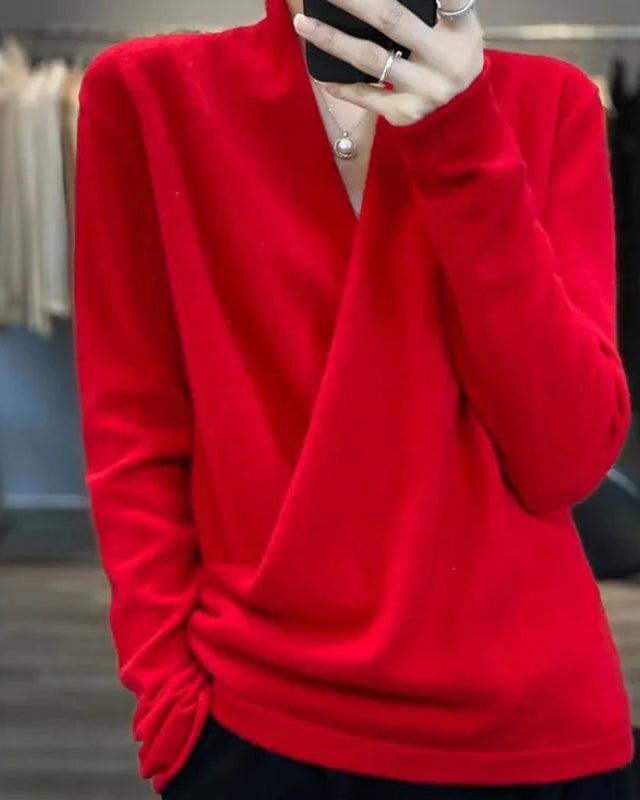 V-neck Wrap Style 100% Wool Knitted Sweater
