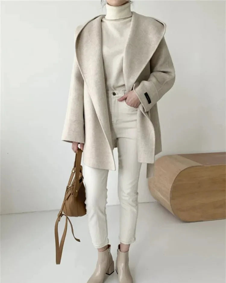 Hooded Wool Blend Wrap Coat