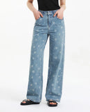 Soft cotton wide-leg jeans with an all-over floral print. Mid-rise, relaxed fit that slims and flatters.
