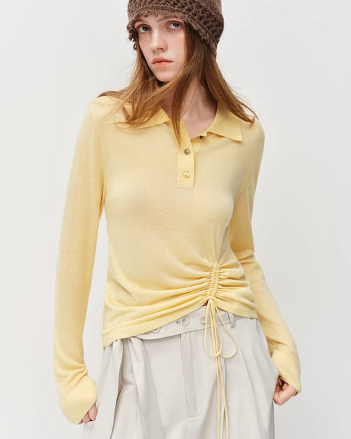 Refined polo collar knit top in a soft wool-silk blend. Regular fit, breathable, and office-ready.