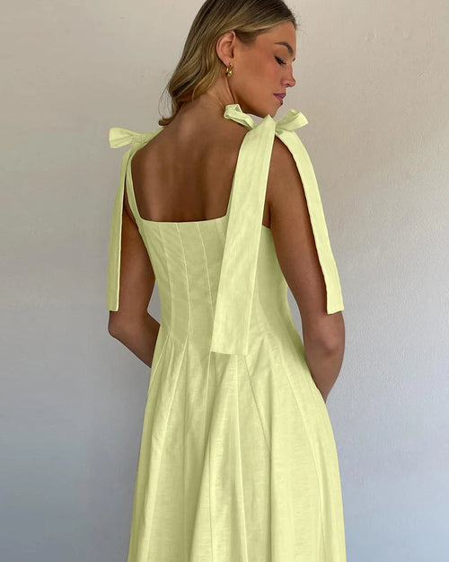 Square Neck Pleated Cotton Maxi Dress