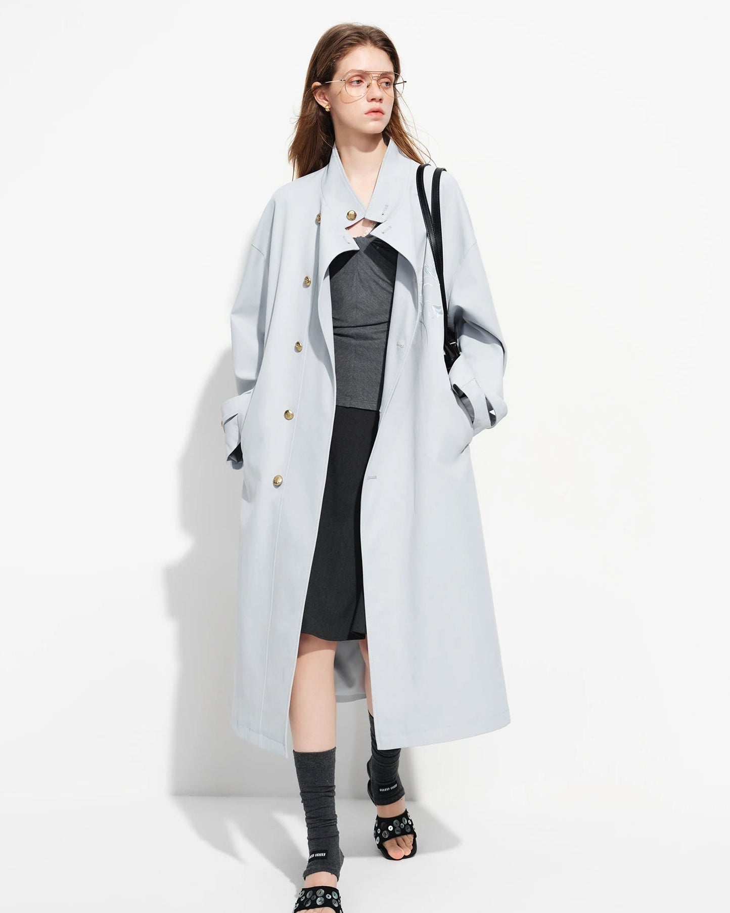 Embroidered Stand-Collar Long Trench Coat