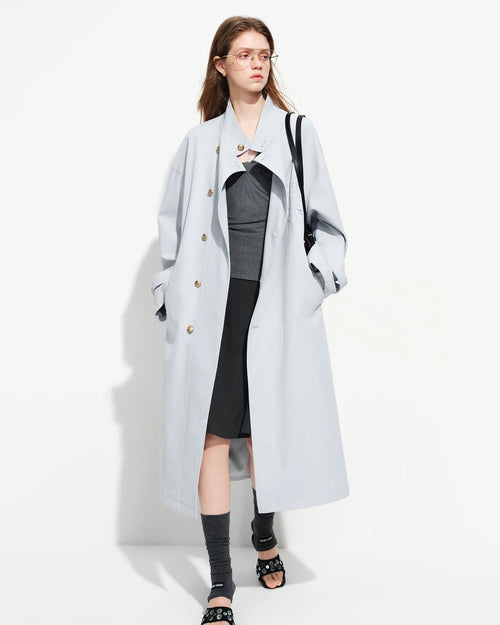 Embroidered Stand-Collar Long Trench Coat