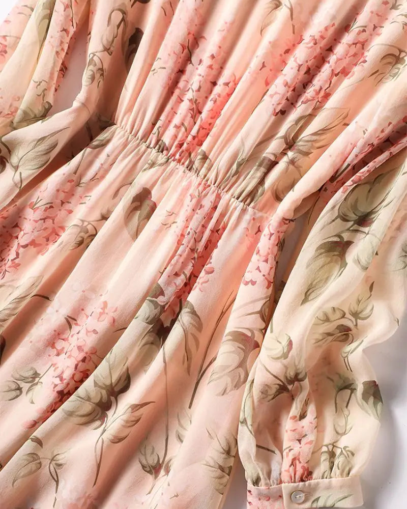 Floral Print Chiffon Bow Neck Long Sleeve Dress