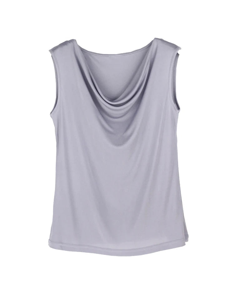 Silk-Viscose Draped Collar Sleeveless Tank Top