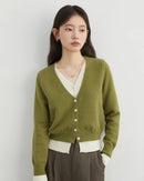 Women's contrast trim V-neck knit cardigan with single-breasted buttons, featuring opaque acrylic blend warmth and refined slim fit for autumn office wear or spring layering.
