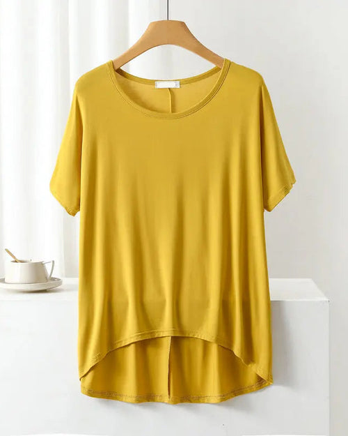 Women's Silky modal oversized pajama top featuring a relaxed short sleeve cut and soft knit fabric, perfect for breathable summer loungewear comfort.