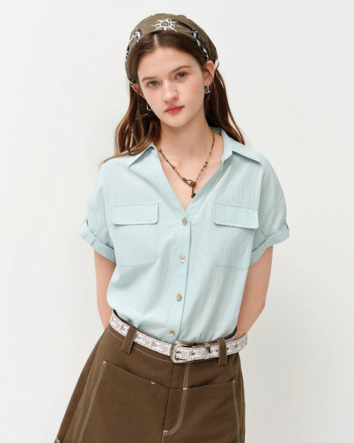 Loose V-Neck Rolled-Up Sleeve Shirt