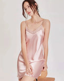 100% mulberry silk sleeveless nightgown with lace trim & round neck. Lightweight, satin-smooth mini silhouette in 4 colours for summer.