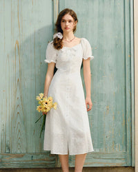 Embroidered Lace Collar Puff Sleeve White Dress