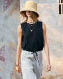 Linen Drawstring Crew Neck Cropped Vest