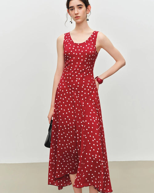 Women's polka dot chiffon bias-cut dress, featuring 100% polyester shell and high waistline for effortless French vintage charm from morning commutes to evening soirées.