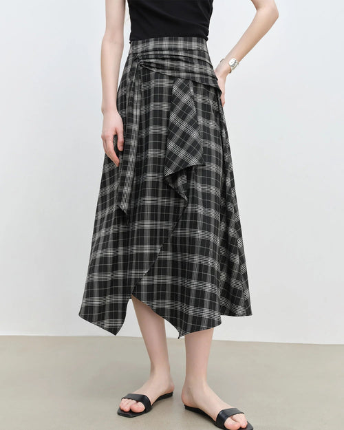 Women's black asymmetrical hem high-waisted A-line skirt, featuring breathable polyester-viscose blend and slight stretch for office mornings or weekend outings ease.