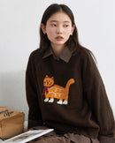 Cartoon Cat Appliqué Knit Sweater