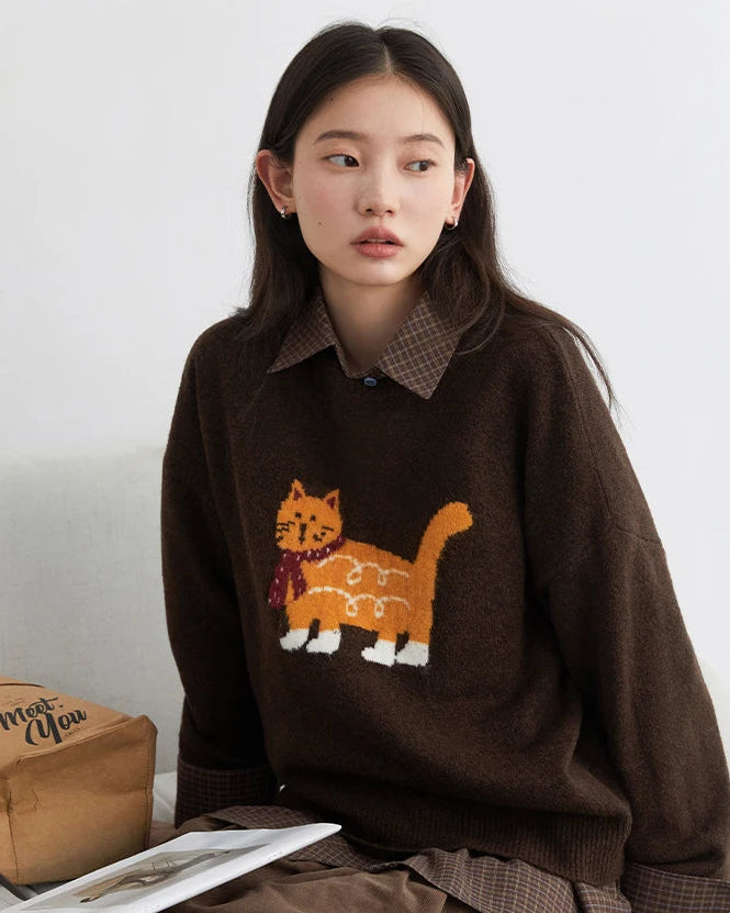 Cartoon Cat Appliqué Knit Sweater