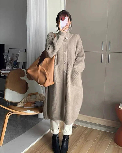 Oversized High-Neck Long Cardigan With Pocket